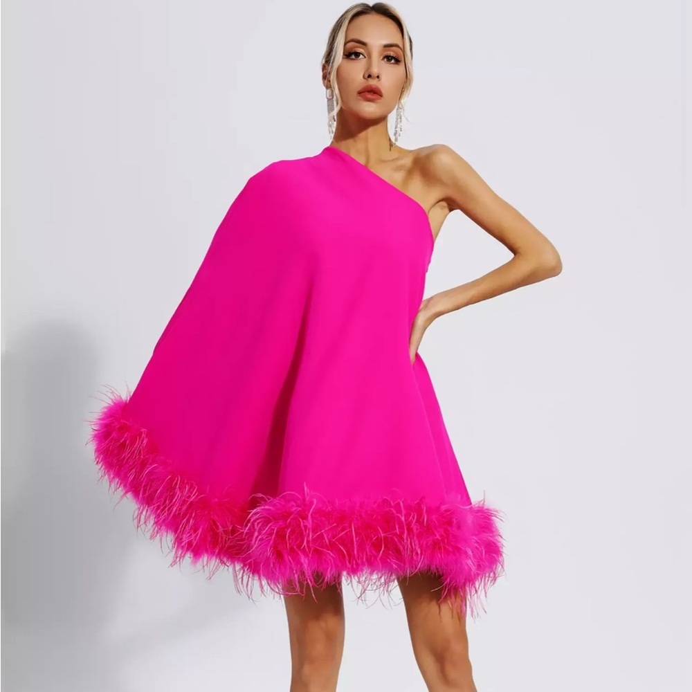 Pink Feather Trim One Shoulder Mini Dress